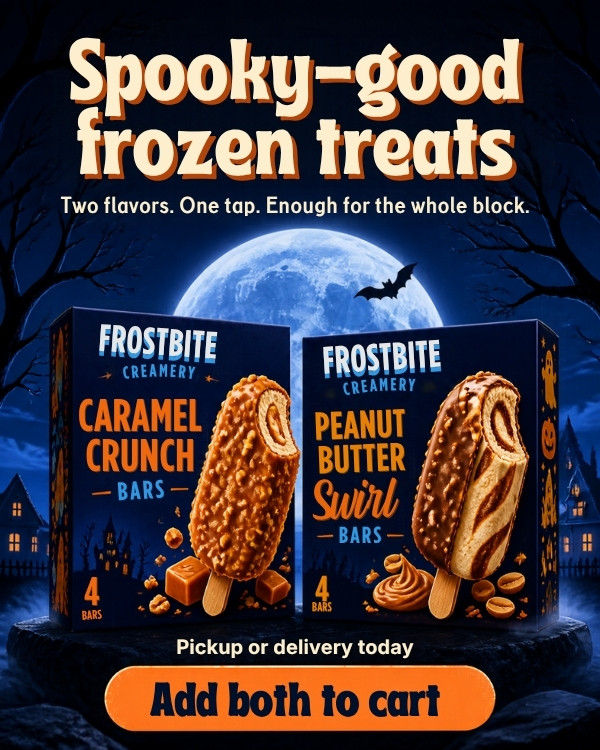 Frostbite Creamery frozen treats Click2cart ad, fictional brand