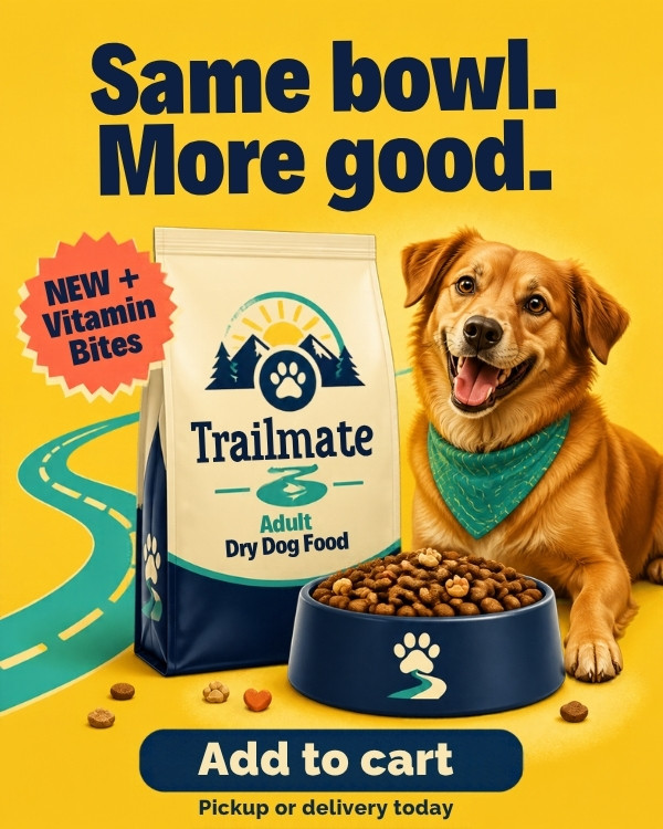 Trailmate dog food Click2cart ad, fictional brand