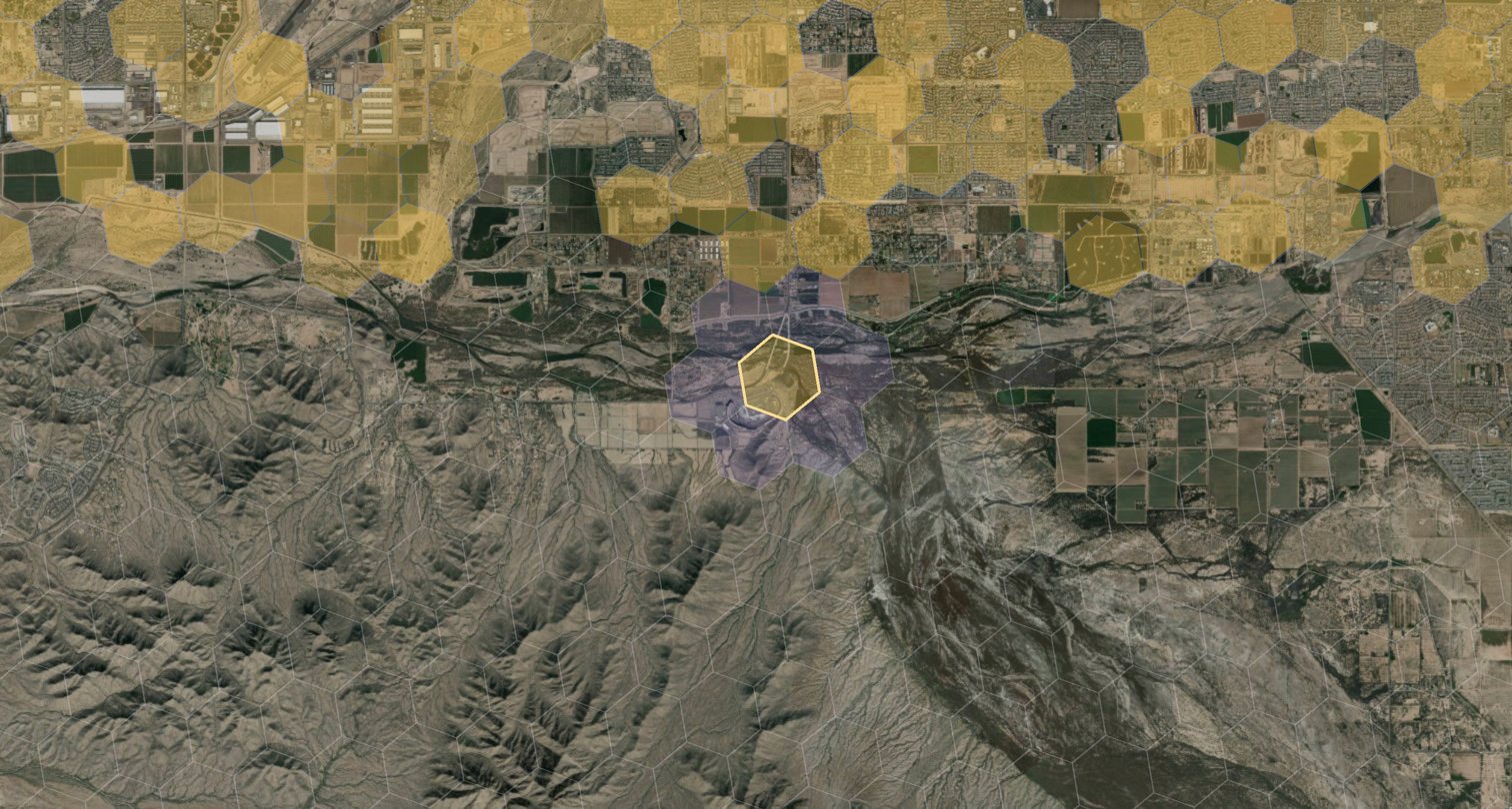 Satellite view of west Phoenix neighborhoods with H3 cells lit